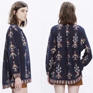 Madewell Bohemian Blue Tunic Top Folkstitch Oversized Popover Sz Small